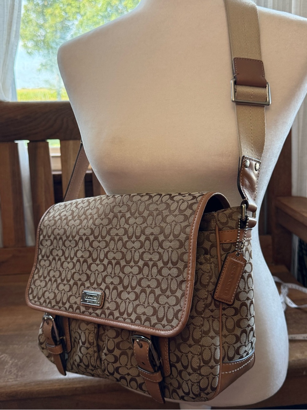 Coach Beige Signature Canvas Messenger Bag with Tan Trim